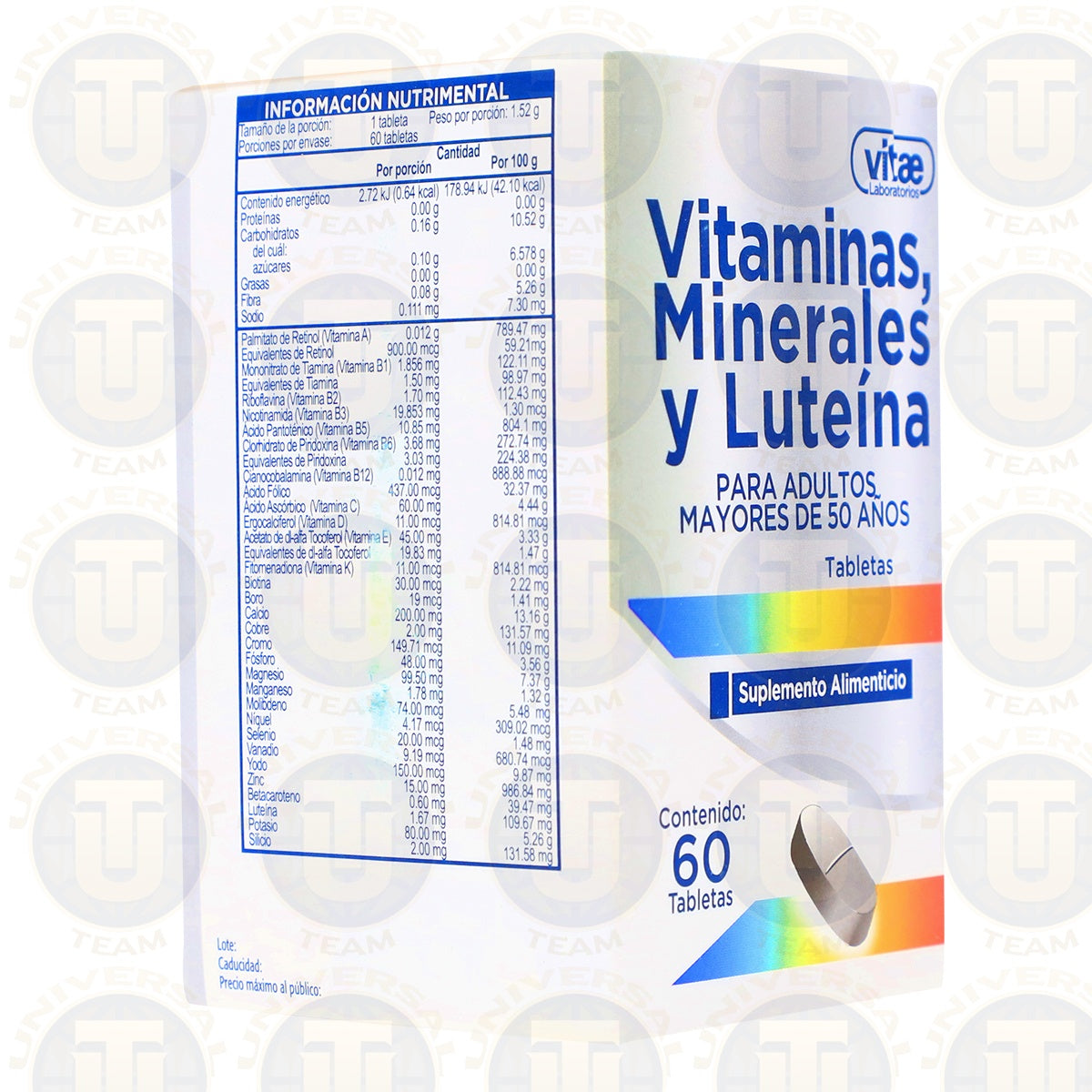 SUPLEMENTO ALIMENTICIO VITAE VITAMINAS, MINERALES Y LUTEINA PARA ADULTOS MAYORES DE 50 AÑOS 60 TABLETAS