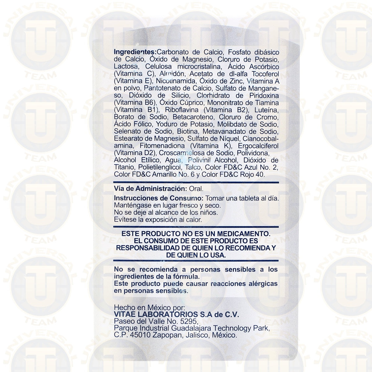 SUPLEMENTO ALIMENTICIO VITAE VITAMINAS, MINERALES Y LUTEINA PARA ADULTOS MAYORES DE 50 AÑOS 60 TABLETAS